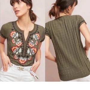 Akemi + Kin Anthropologie Top Floral Embroidered Green Top
